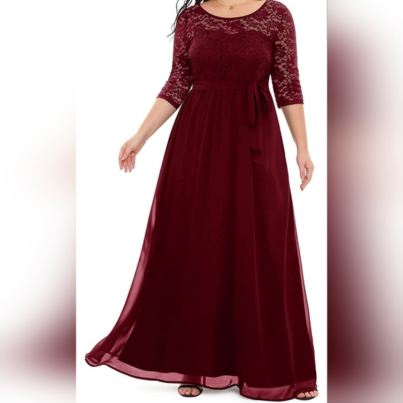 Women's Plus Size Lace Chffon Long Maxi 3/4 Sleeve V-Back Formal Dress - Picture 2 of 7